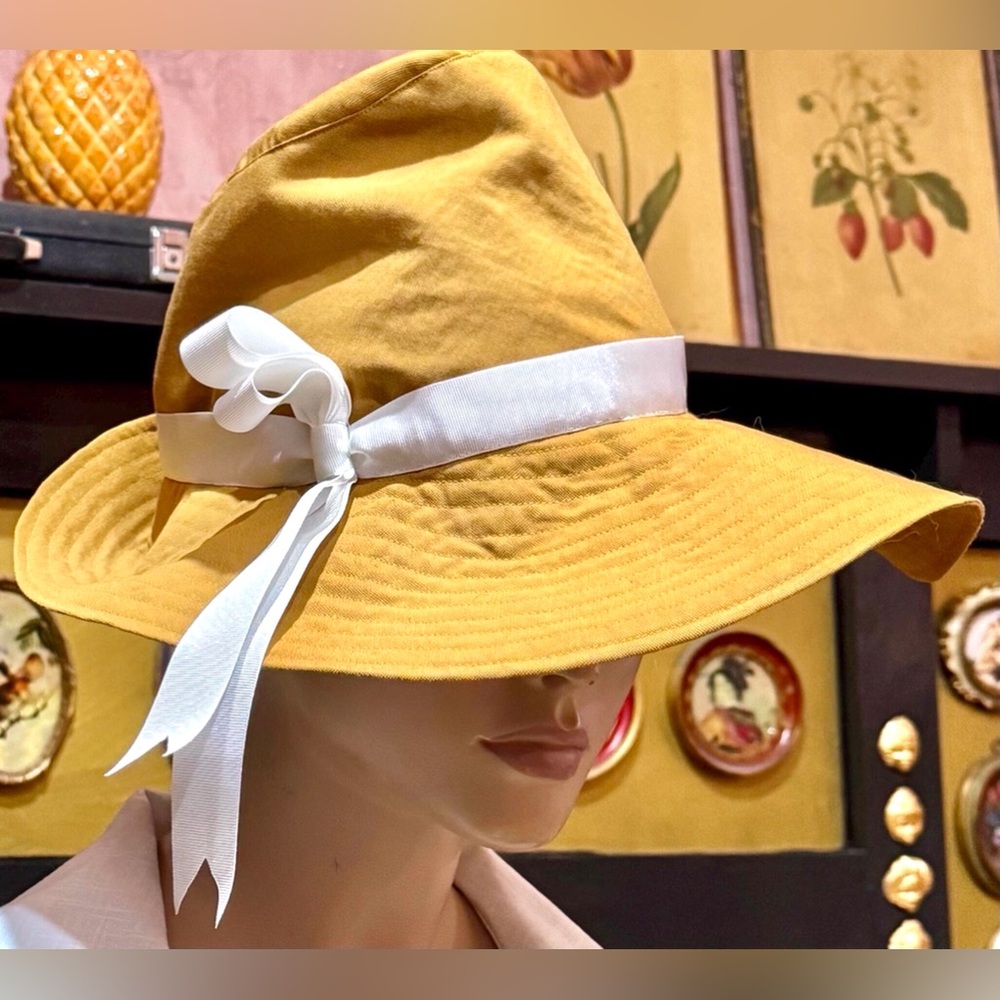 Vintage 1930s 1940s Reprod Mustard Yellow & White Band Wide Brim Fedora Hat 1939
